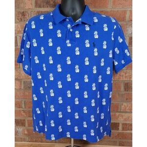 Polo Ralph Lauren Mens Large Blue White Pineapple Print Cotton Polo Shirt